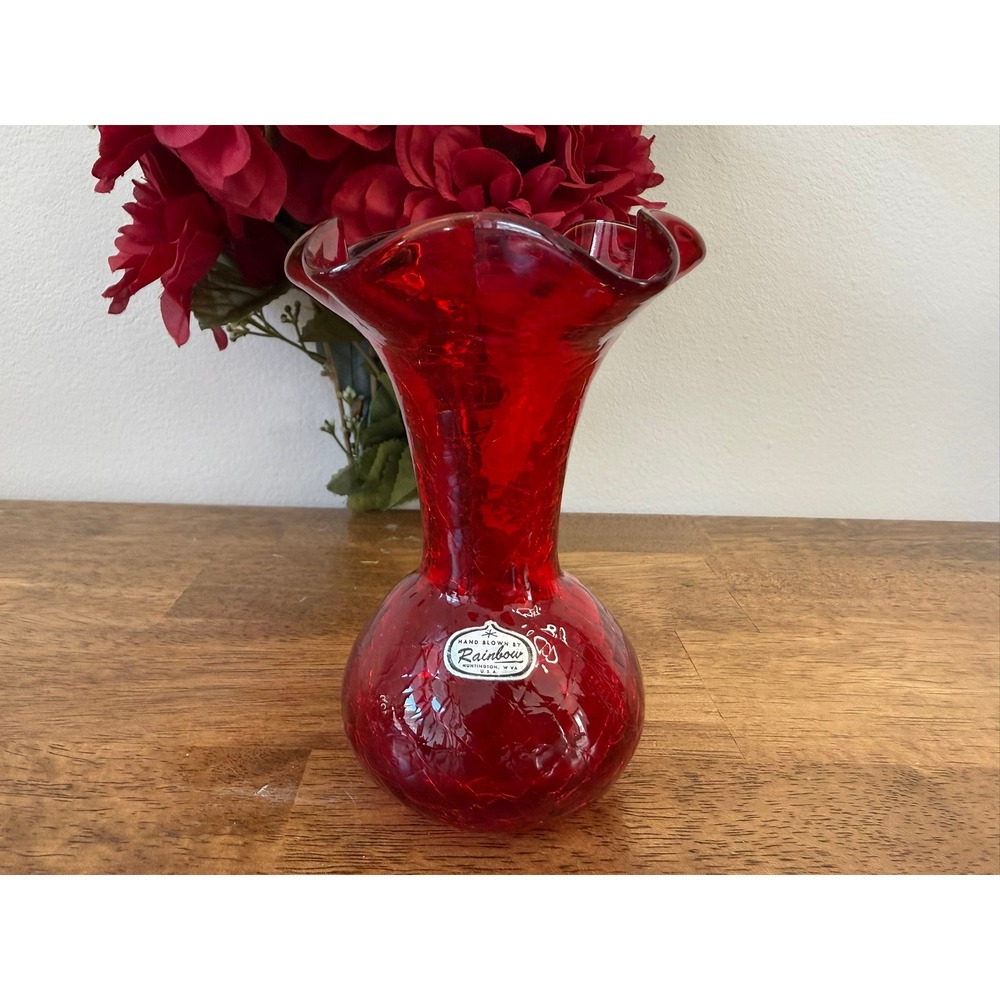 Vintage Rainbow Art Glass Red Crackle Vase Hand Blown Ruffled Rim